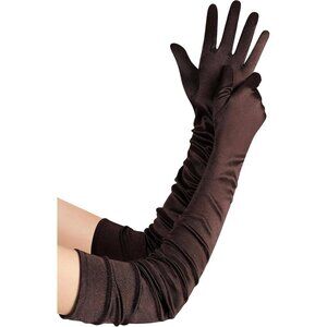 Women's Long Satin Gloves Dark Brown Stretchy Upper Arm Length Costume Design